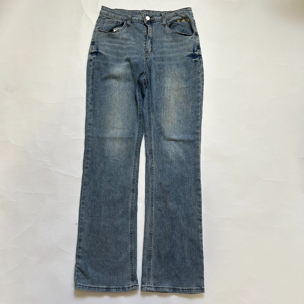 ROMWE Womens Blue Denim Jeans Embroidered Stars patchwork Size XL US 12 Casual